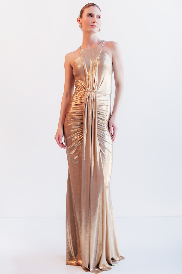 VESTIDO LONGO DOURADO METALIZADO UNITY SEVEN