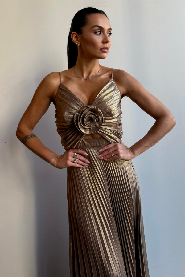 VESTIDO LONGO METALIZADO COM FLOR UNITY SEVEN