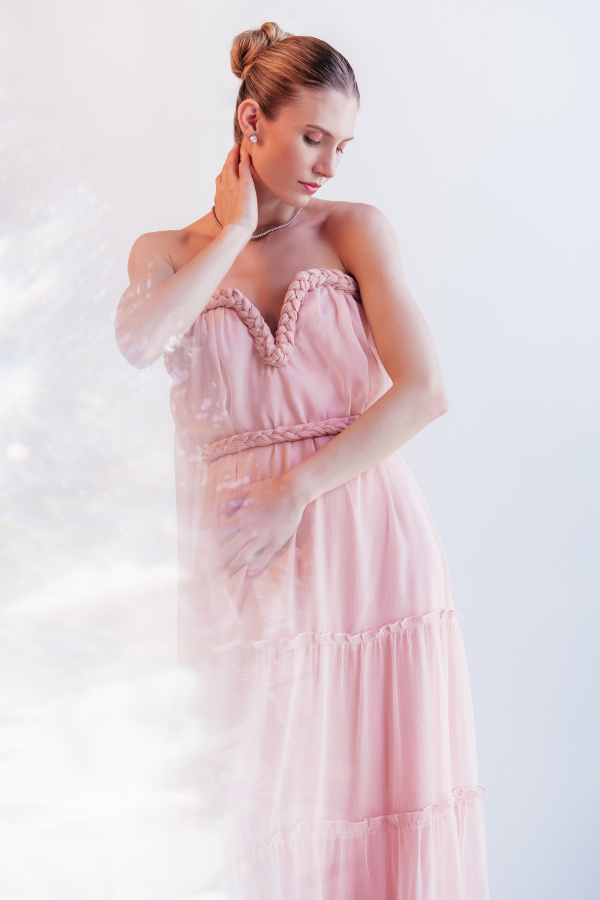 VESTIDO LONGO ROSA EM CHIFFON UNITY SEVEN