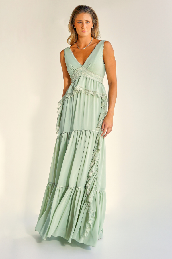 VESTIDO LONGO FLUIDO VERDE MENTA COM BABADOS UNITY SEVEN