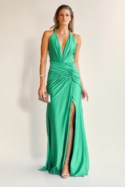 VESTIDO LONGO VERDE COM DECOTE DE BOLAS UNITY SEVEN