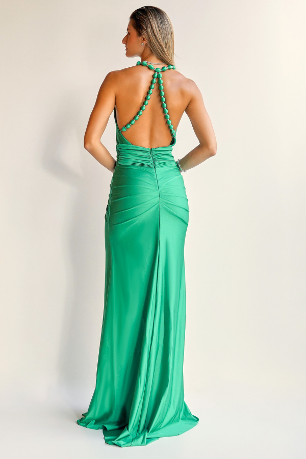 VESTIDO LONGO VERDE COM DECOTE DE BOLAS UNITY SEVEN