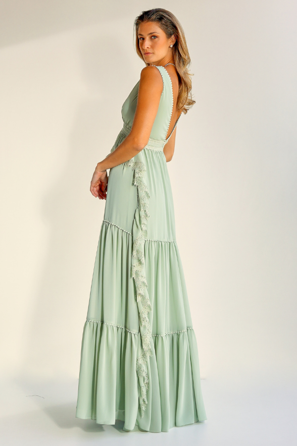 VESTIDO LONGO FLUIDO VERDE MENTA COM BABADOS UNITY SEVEN