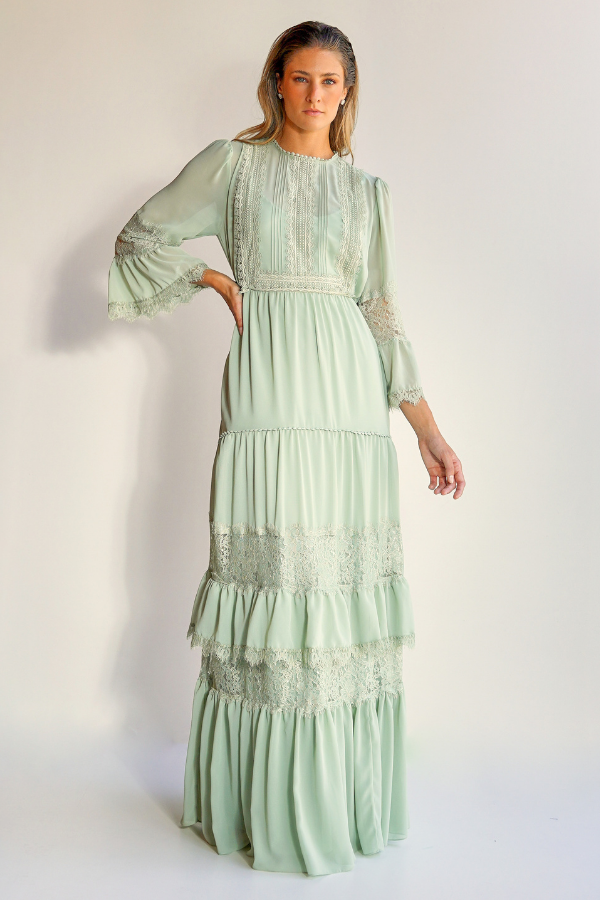 VESTIDO LONGO FLUIDO VERDE MENTA COM BABADOS UNITY SEVEN