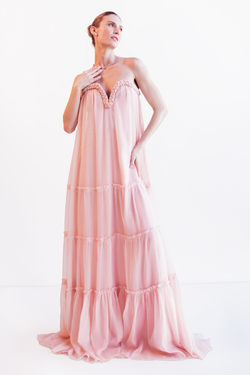 VESTIDO LONGO ROSA EM CHIFFON UNITY SEVEN