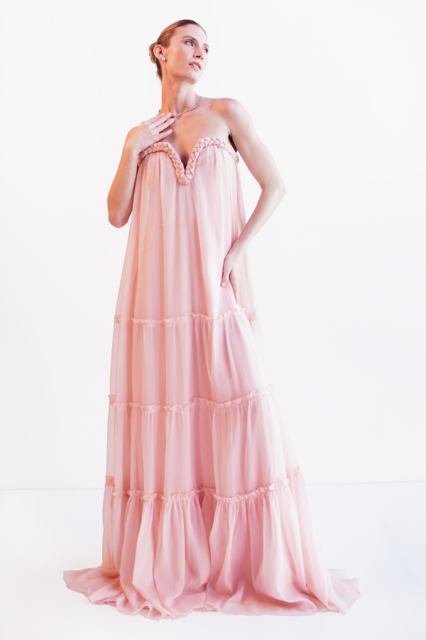 VESTIDO LONGO ROSA EM CHIFFON UNITY SEVEN