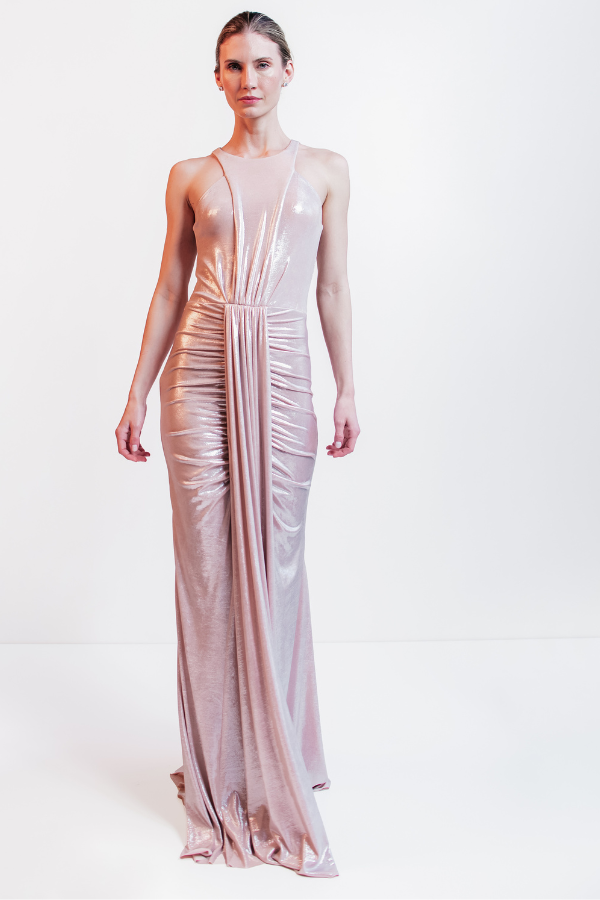 VESTIDO LONGO ROSA METALIZADO UNITY SEVEN