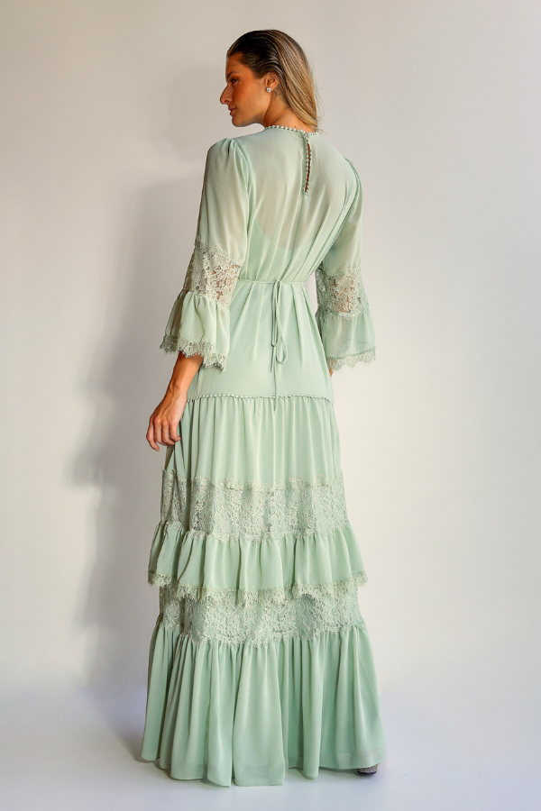 VESTIDO LONGO FLUIDO VERDE MENTA COM BABADOS UNITY SEVEN