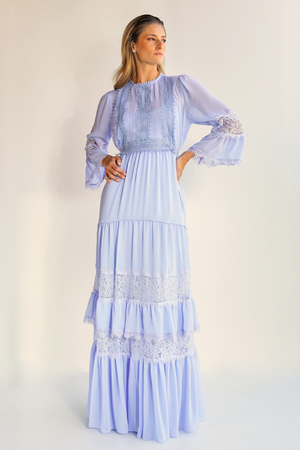 VESTIDO LONGO FLUIDO AZUL SERENITY COM MANGAS UNITY SEVEN