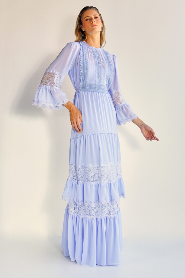 VESTIDO LONGO FLUIDO AZUL SERENITY COM MANGAS UNITY SEVEN