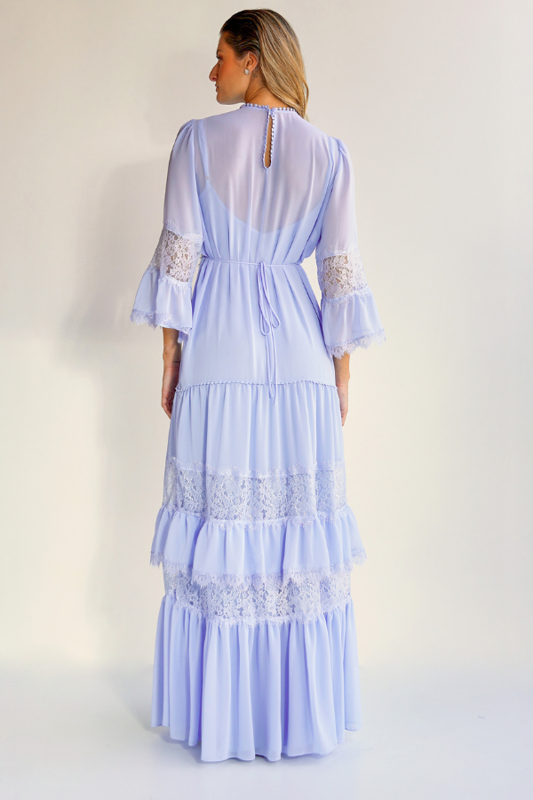 VESTIDO LONGO FLUIDO AZUL SERENITY COM MANGAS UNITY SEVEN