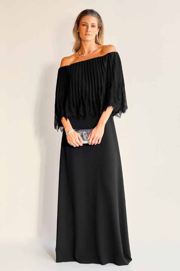 VESTIDO PRETO OMBRO A OMBRO DE RENDA UNITY SEVEN