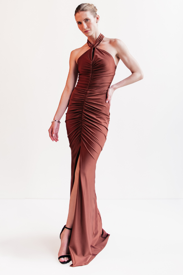 VESTIDO LONGO COBRE COM FENDA UNITY SEVEN