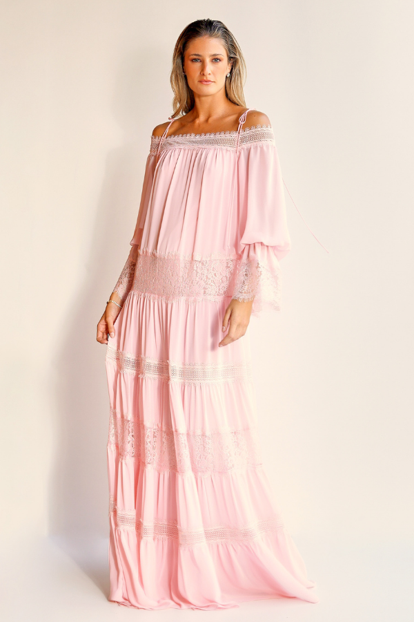 VESTIDO LONGO ROSA OMBRO A OMBRO UNITY SEVEN