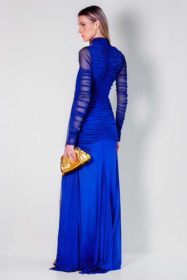 VESTIDO LONGO AZUL DE MANGAS EM TULE UNITY SEVEN