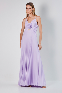 VESTIDO LONGO PLISSADO COM FLOR UNITY SEVEN