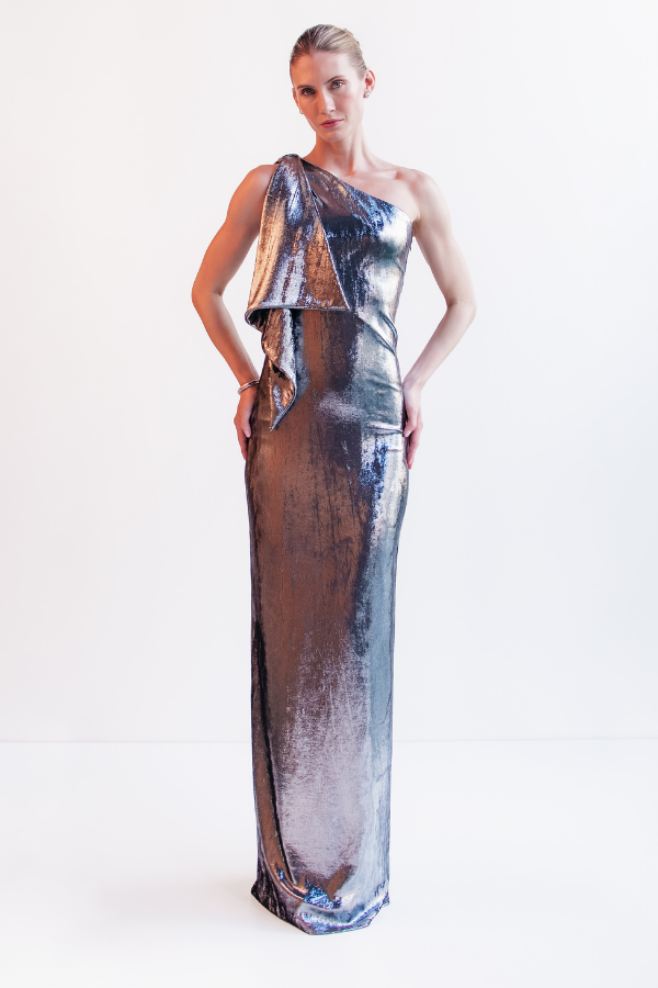 VESTIDO LONGO PRATA DE UM OMBRO SÓ UNITY SEVEN