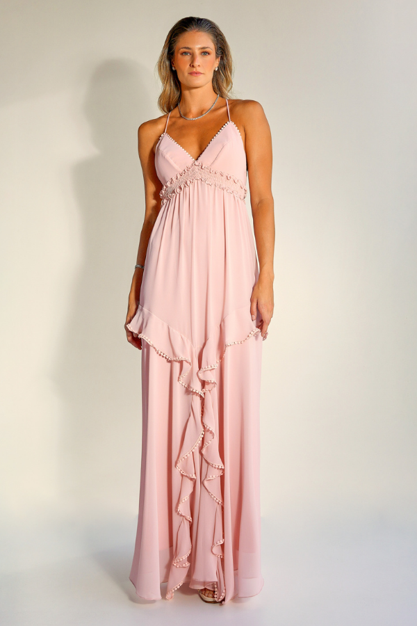 VESTIDO LONGO ROSA CLARO DE ALCINHAS FINAS UNITY SEVEN