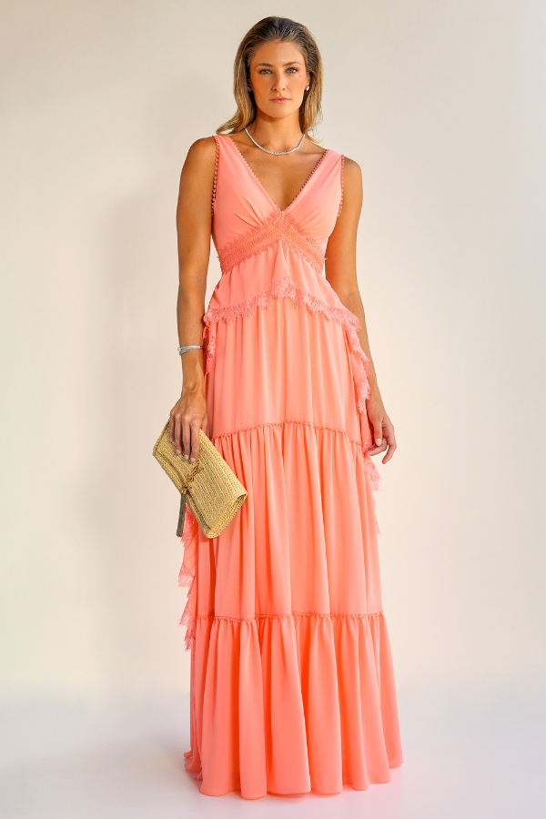 VESTIDO LONGO FLUIDO CORAL COM BABADOS UNITY SEVEN