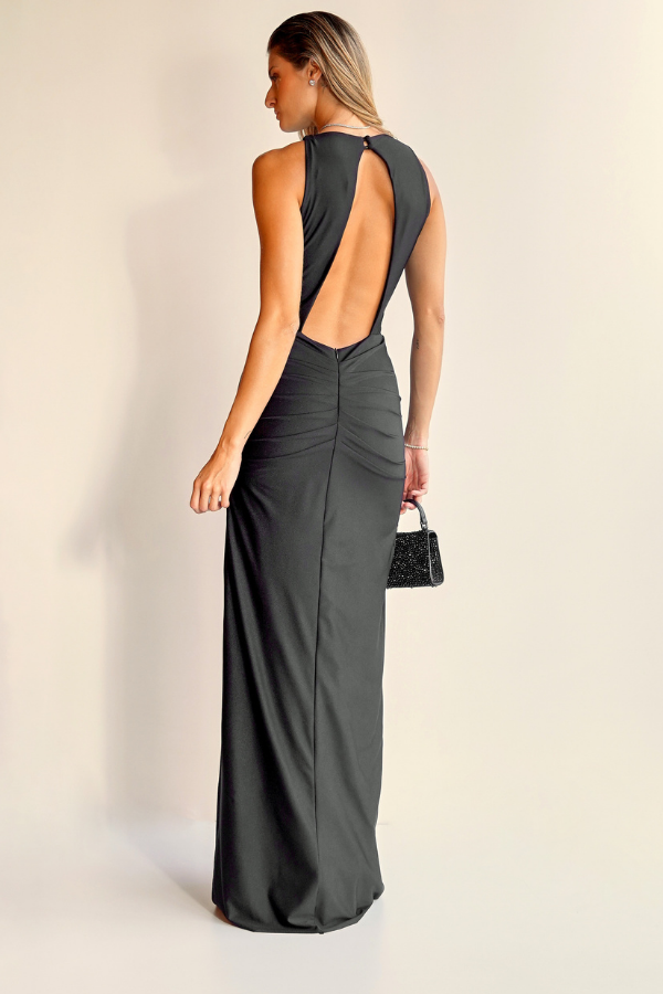 VESTIDO LONGO PRETO COM DRAPEADO FRONTAL UNITY SEVEN