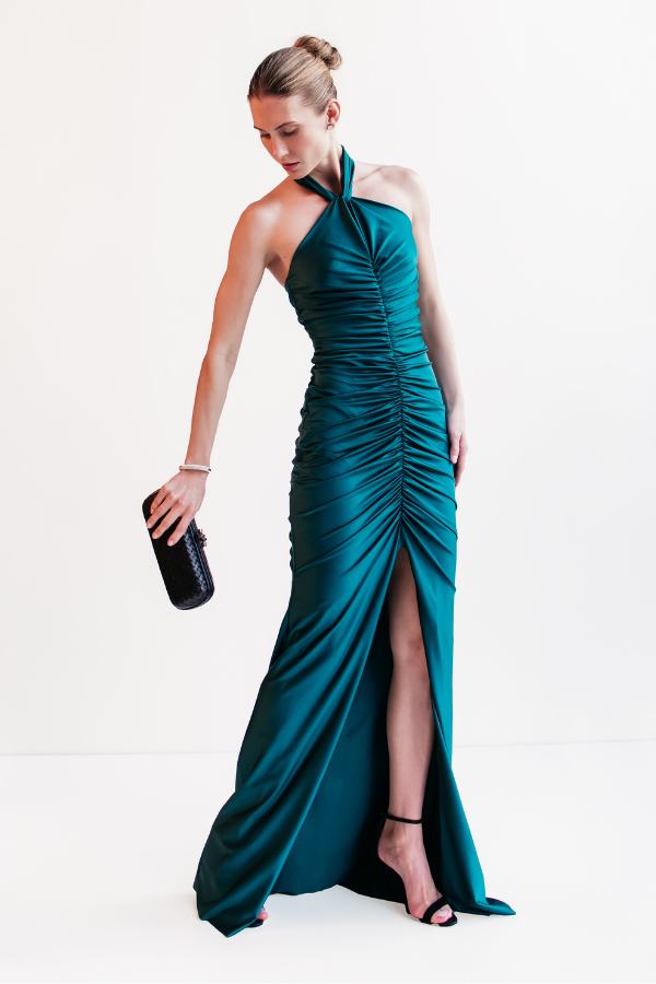 VESTIDO LONGO VERDE COM FENDA UNITY SEVEN