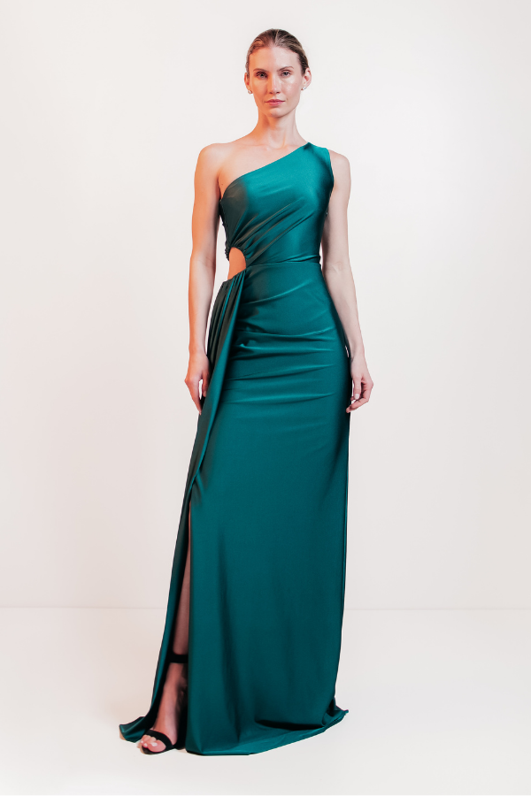 VESTIDO LONGO VERDE COM RECORTE NA CINTURA UNITY SEVEN