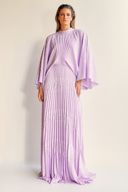 VESTIDO LONGO LILÁS DE RENDA COM MANGAS UNITY SEVEN