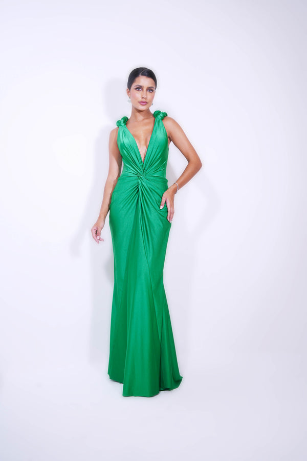 VESTIDO LONGO COM ALAMAR EM OMBRO VERDE