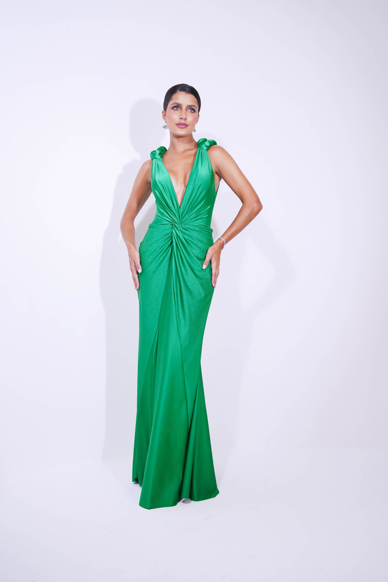 VESTIDO LONGO COM ALAMAR EM OMBRO VERDE