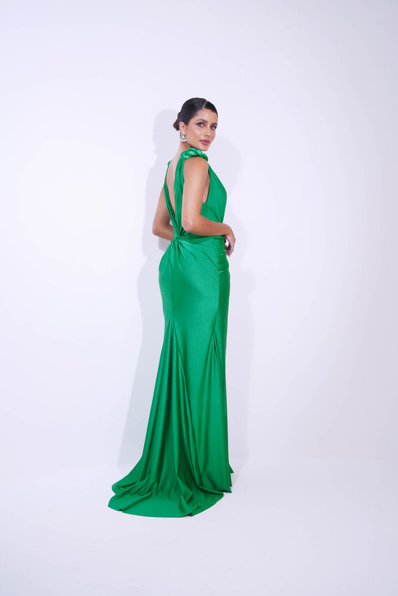 VESTIDO LONGO COM ALAMAR EM OMBRO VERDE